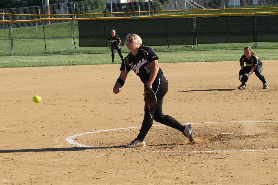 Alex Frenz (12), shown here, pitched a complete game in the 1-0 win against Parkway South on Monday, Sept. 8. 