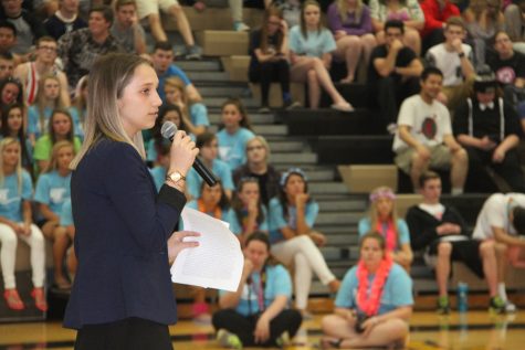 Shayla Hrchic, 2016-2017 Student Body President, gives her speech at the Mr. OHS assembly.