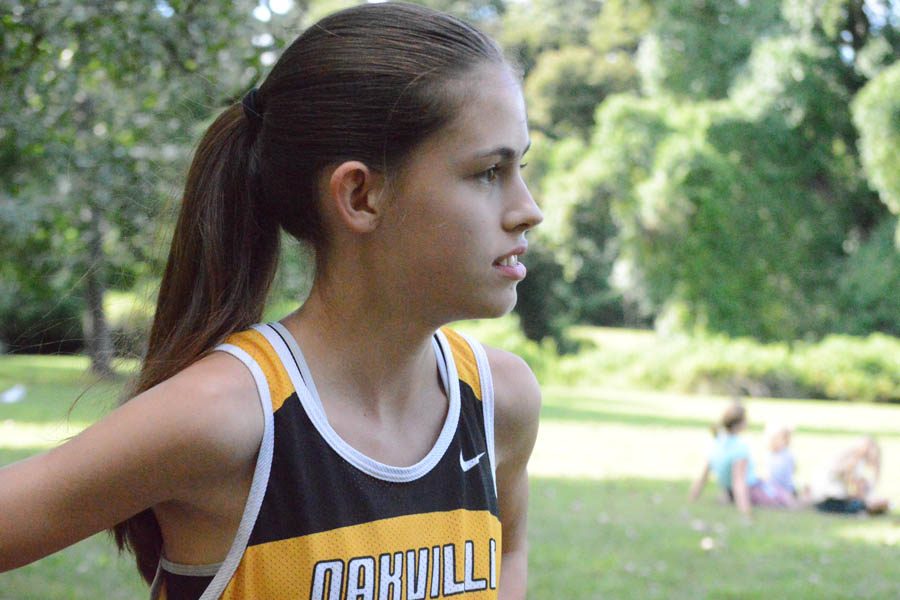 Emma Mueller (10) prepares to run at the Lutheran South Meet at Jefferson Barracks on Sept. 1. 