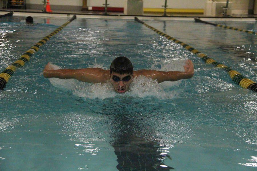 Nico Cracchiolo (12) practices swimming butterfly after a swim meet. 