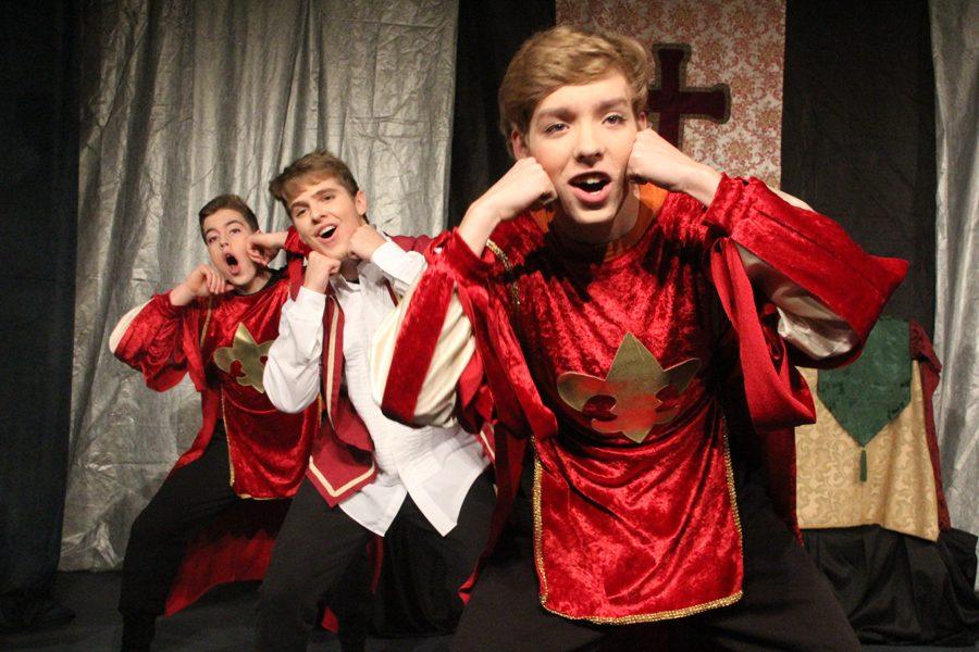 With their hands on their cheeks, Jacob Paule (12), Antonio Brnjic (12), abd Eric Throm (10) dance during rehearsal for the Madrigal singers annual dinner theatre. 