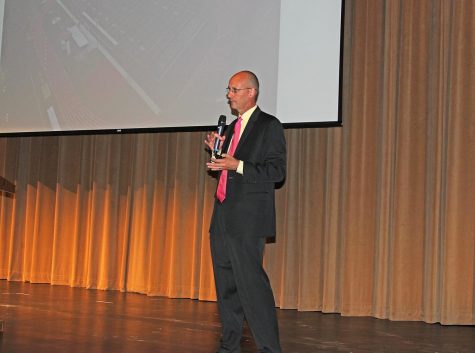 Mehlville superintendent Dr. Chris Gaines speaks of the current status and goals for the school district during his State of the District presentation on Monday, Sept. 18, in the Nottelmann Auditorium. 