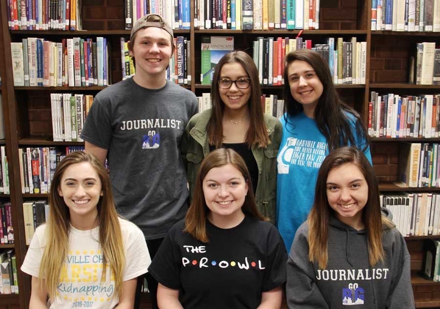 Award winners Melanie Neff (12), Mckenzie Knapp (12), Rachel Delgado (12). Max Rodenbeck (12), Kayleigh Tritschler (11), and Kristin Kuchno (11) pose for a picture in the OHS library after returning from the convention.
