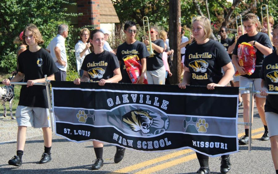 Marching+Band+members+hold+banner+while+marching+in+the+2017+Homecoming+parade.