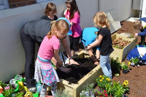 With the help from parent Jessica Moran, MOSIAC students  Emerald Murphy, Julie McQuilling, Nylah Rana, Addie Wright, Lia Emo, and Nolan Singler fill the woods projects with fresh soil.