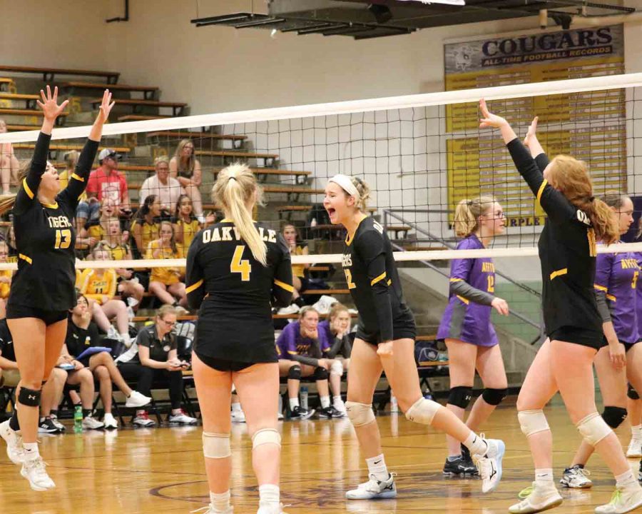 Emily Schellhase (12), Liv Klump (10), Tess McConnell (9), and Julia Klump (12) celebrate a point in a recent victory over Affton.