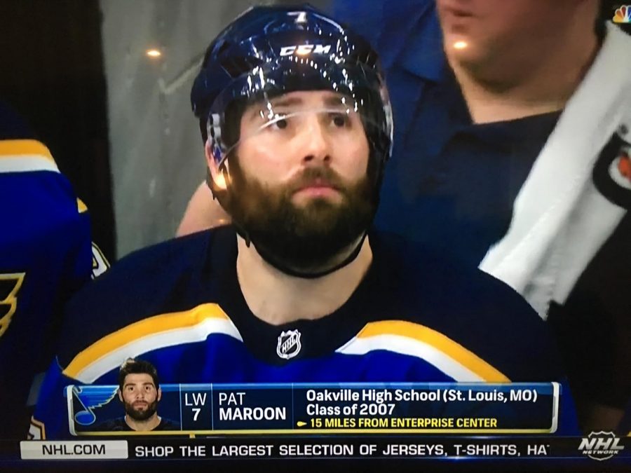 Camera zooms in on hometown hero, Pat Maroon, during Game 4 against the San Jose Sharks, during the 2018-2019 Western Conference Finals.