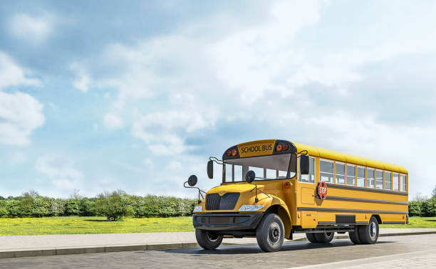 A 3D rendered image shows a school bus driving on the country road.