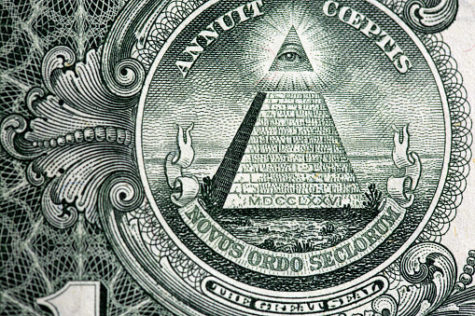 Eye of Providence, representing all-seeing God, above pyramid on the Great Seal. The Eye has subsequently become associated with freemasonry and spawned conspiracy theories.