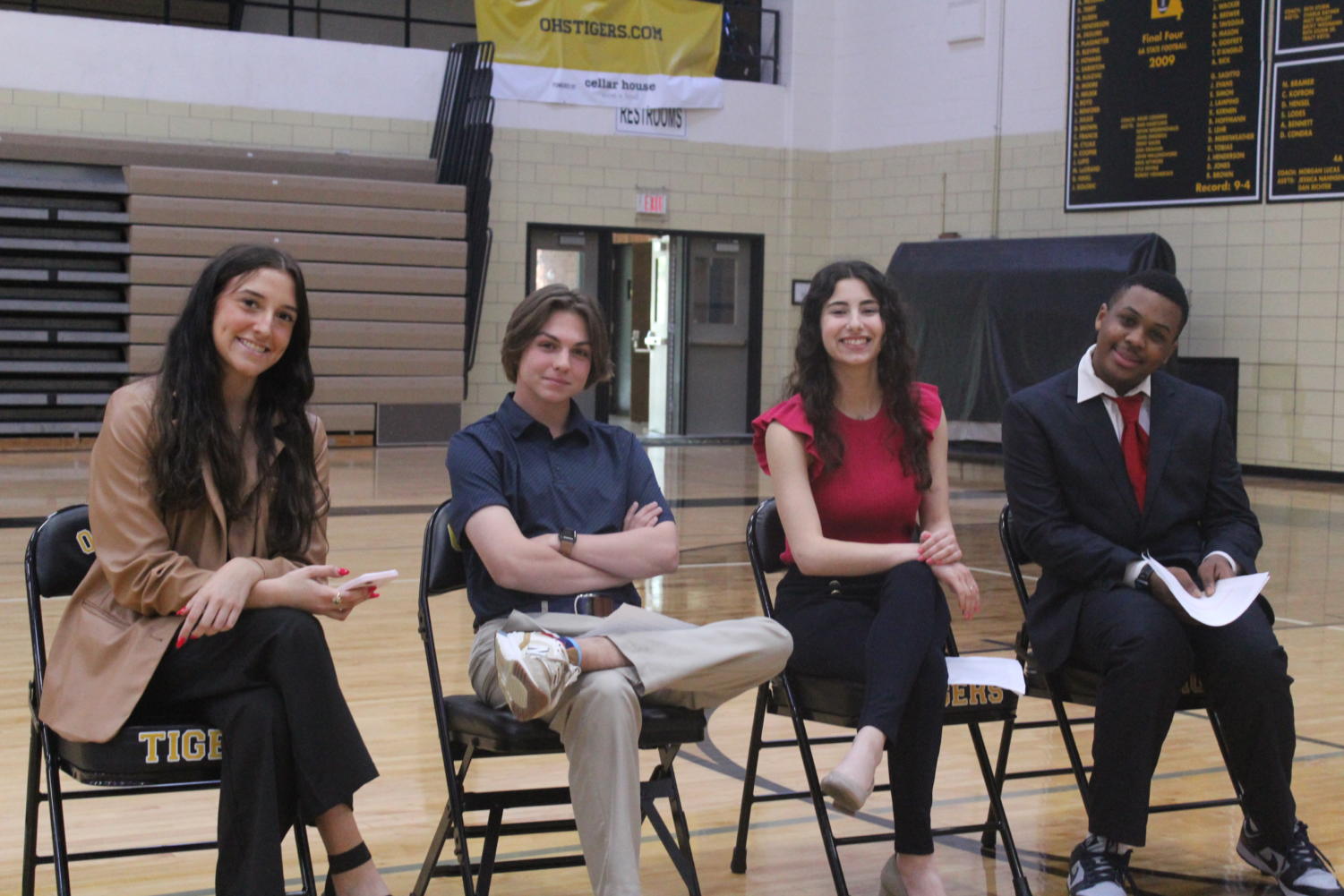 Juniors Olivia Roberds, Mason Bader, Dima Majood and Travis Norris pose for a picture before addressing the junior class with their campaign speeches.
“I’ve worked so hard for the past two years, and I feel so genuinely happy that my peers in my grade level trusted me so much to be able to get their voices and opinions out there,” Majood said. She has served as her class president since her sophomore year.
