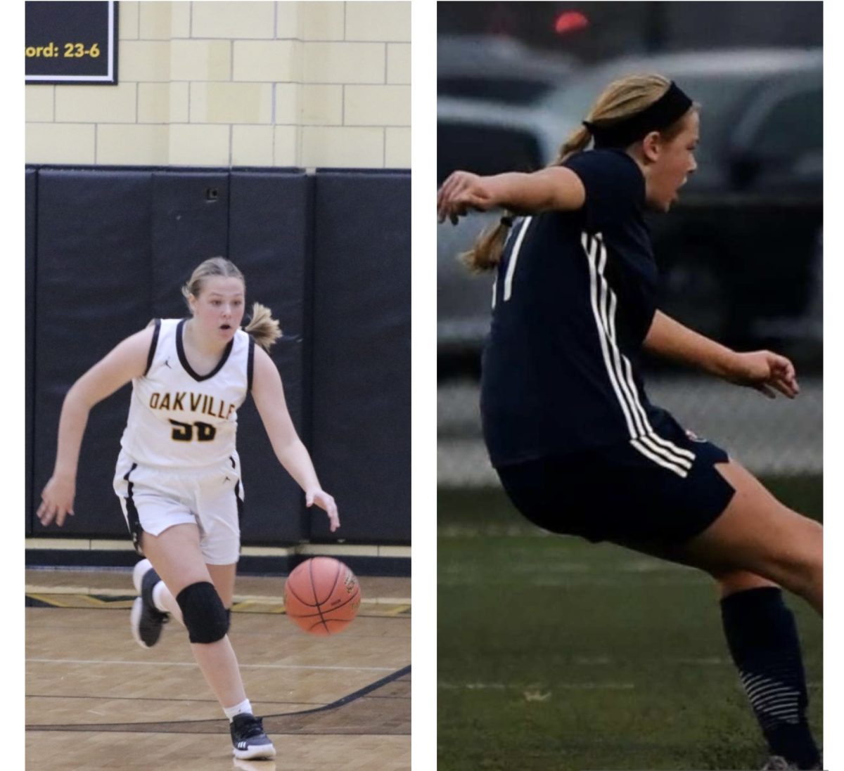 Delaney Earney (10) dribbles the ball during a basketball game in the left picture and kicks the ball during a soccer game in the right picture. “Transitioning is hard sometimes because my club season ends the week before tryouts start, so I am not doing any soccer for a while,” Earney said. She has been playing both soccer and basketball since elementary school. 
