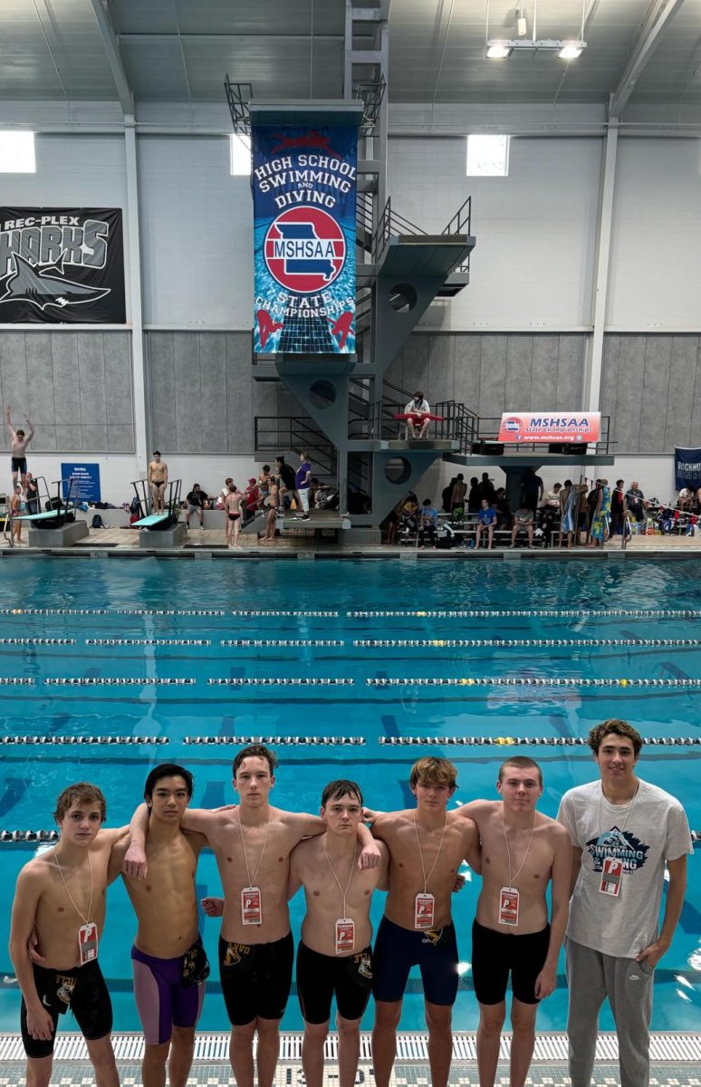 Oakvilles’s state swim team poses for a picture to celebrate making state. “I've really enjoyed swimming with these guys this year, and I'm sad it's my last year,” Ben Govero (12) said. The team dropped over 13 seconds in both their relays combined. 


	

