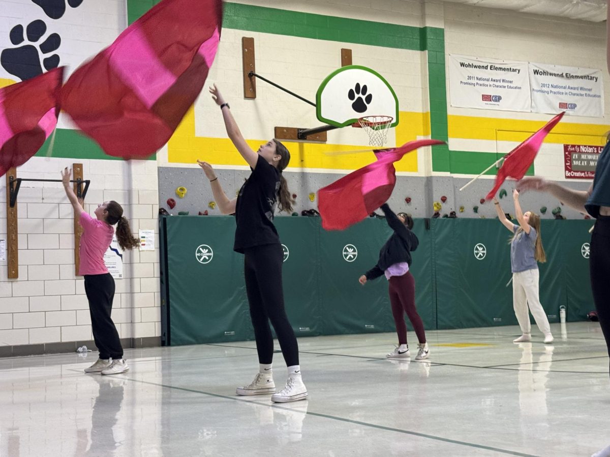 Winter guard members work with flags as they practice new skills. "We use flags, rifles and sometimes other objects, along with dance movements to create a stunning performance," Brenna Kolaski (9) said. The team practices at Wohlwend Elementary from 6:00-8:30 in the evening. 