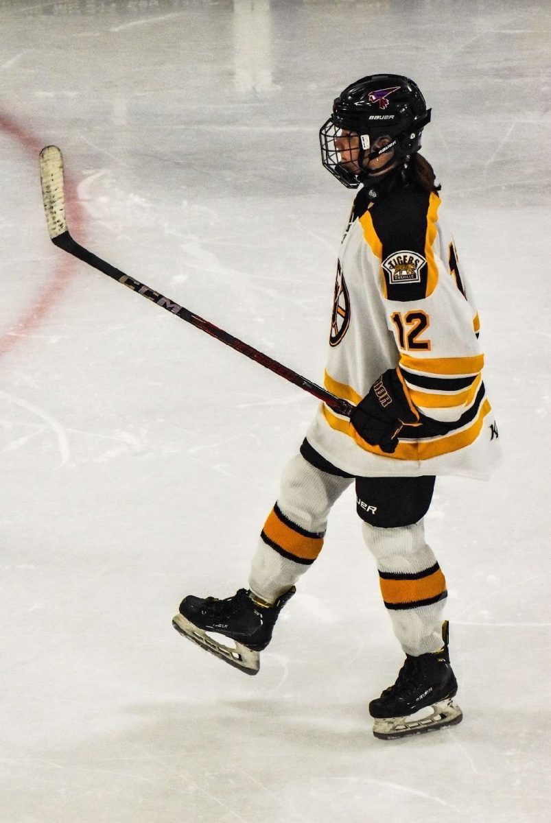 Riley Mazdra (9) skates during one of her hockey games.  "A thing I really love about hockey is the support everyone gets after a play or a game, even if they make a mistake or even just everyone cheering on each other..." Mazdra said. Mazdra is the only girl on the JV Black hockey team.  