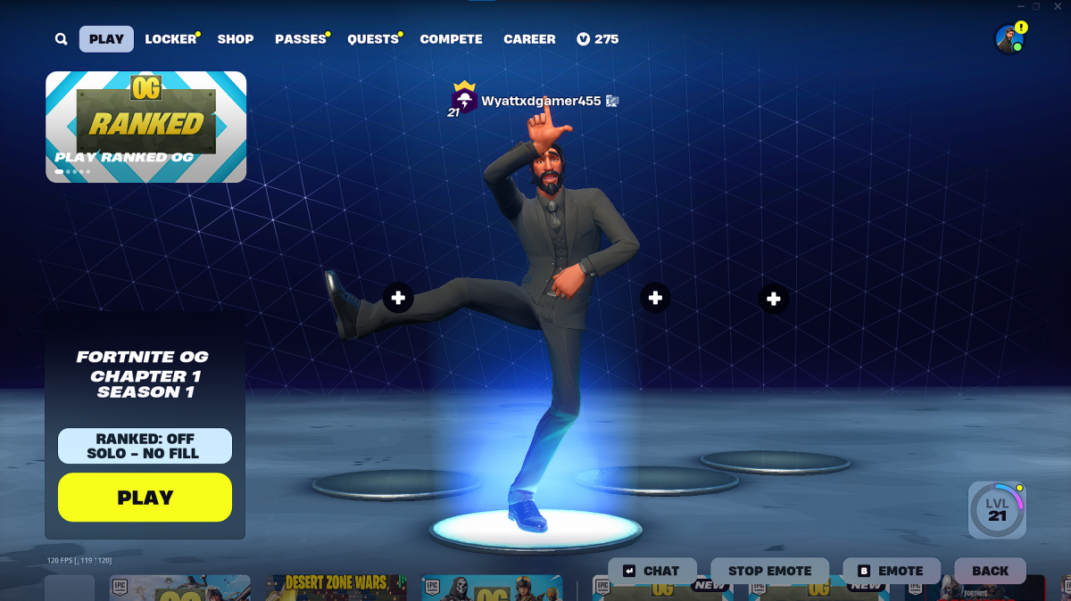 A player in an original lobby with matching classic skins and dance, ready to join an OG game