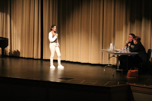 Kymiah Thompson (9) receives feedback from a panel of judges at Oakville's Got Talent. "I look for confidence, originality and that the performer is having fun," musician John Purcell said. Thompson performed "Before He Cheats" by Carrie Underwood.