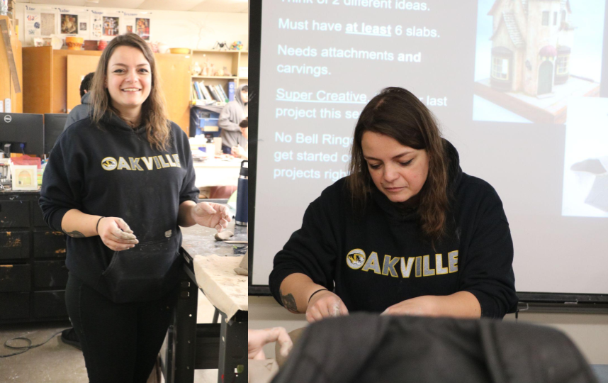 Art teacher Amela Cikota poses for a picture (left) and helps a student with his ceramics project (right). "It’s a lot easier to ... bond through the artwork in class, like students making the art and helping them with the art," Cikota said. She felt it helped her make a greater connection with her students and have a better reputation among them. 